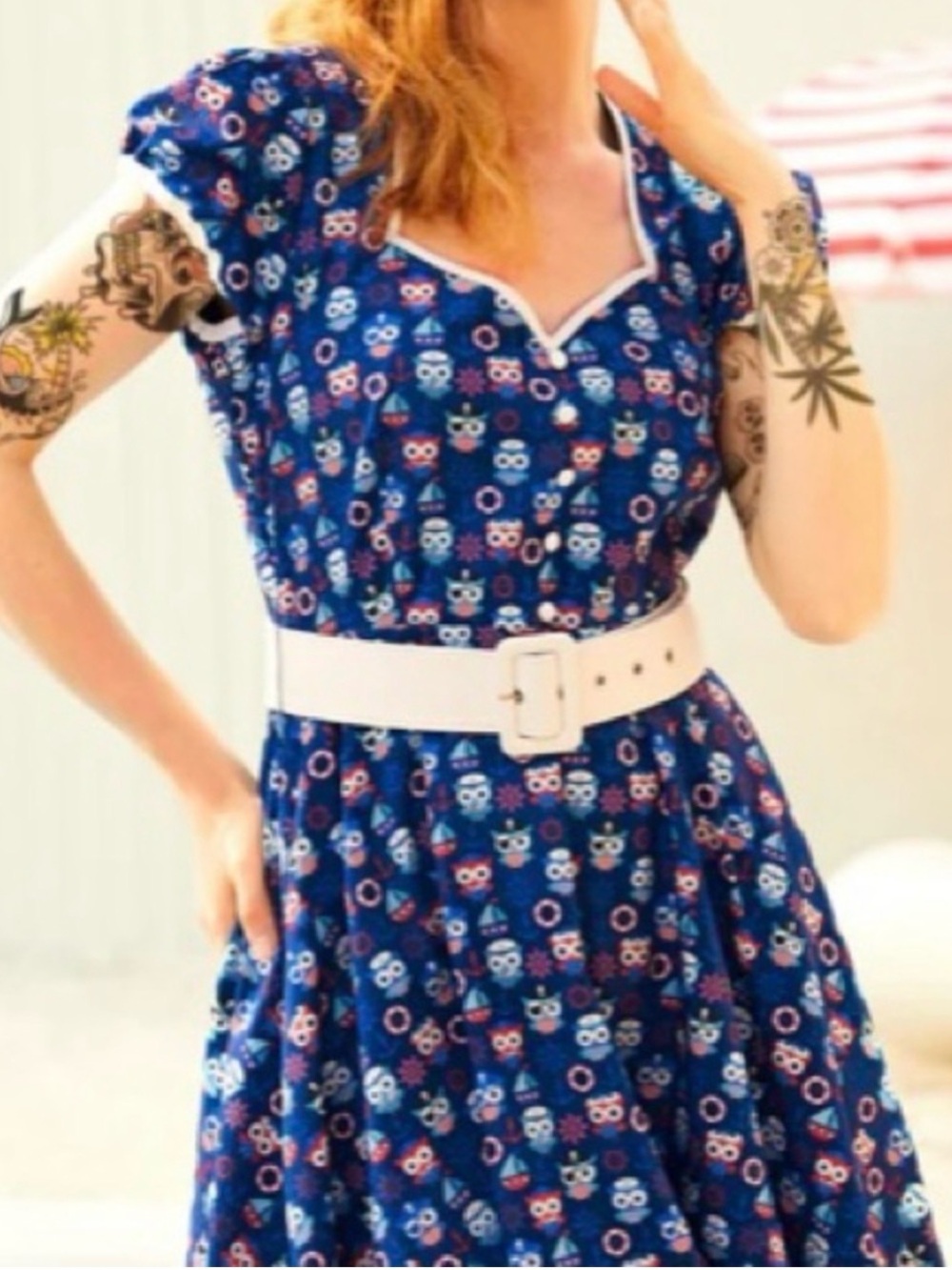 Modcloth Navy Owl-Print Fit-and-Flare Dress with White Belt